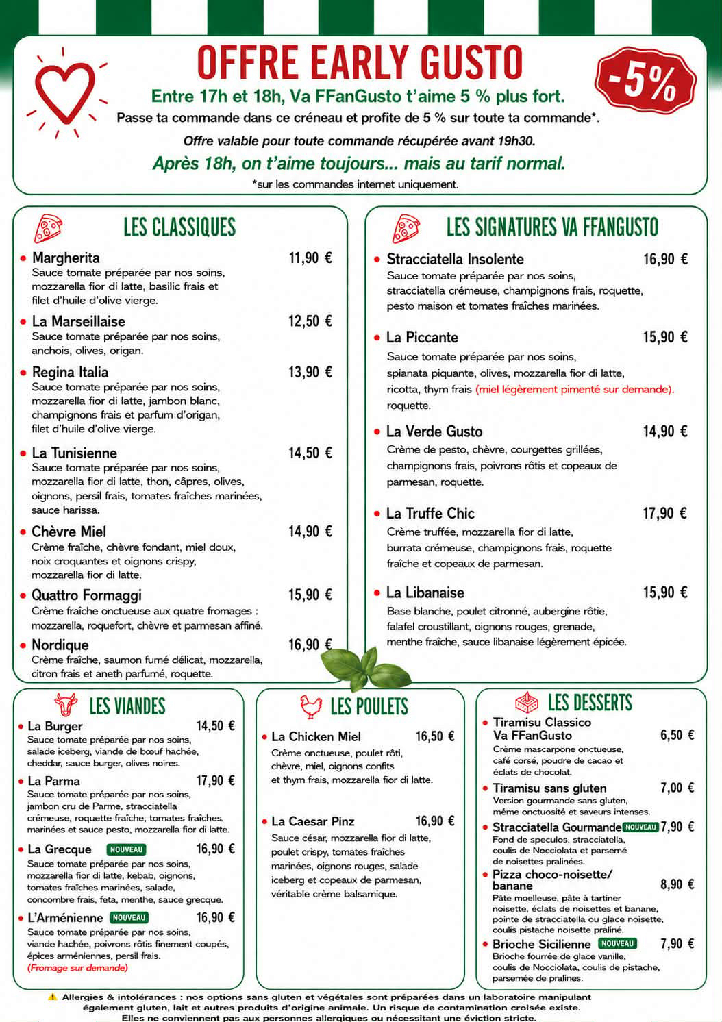 Carte des pizzas artisanales Vaffangusto à Carcès dans le Var